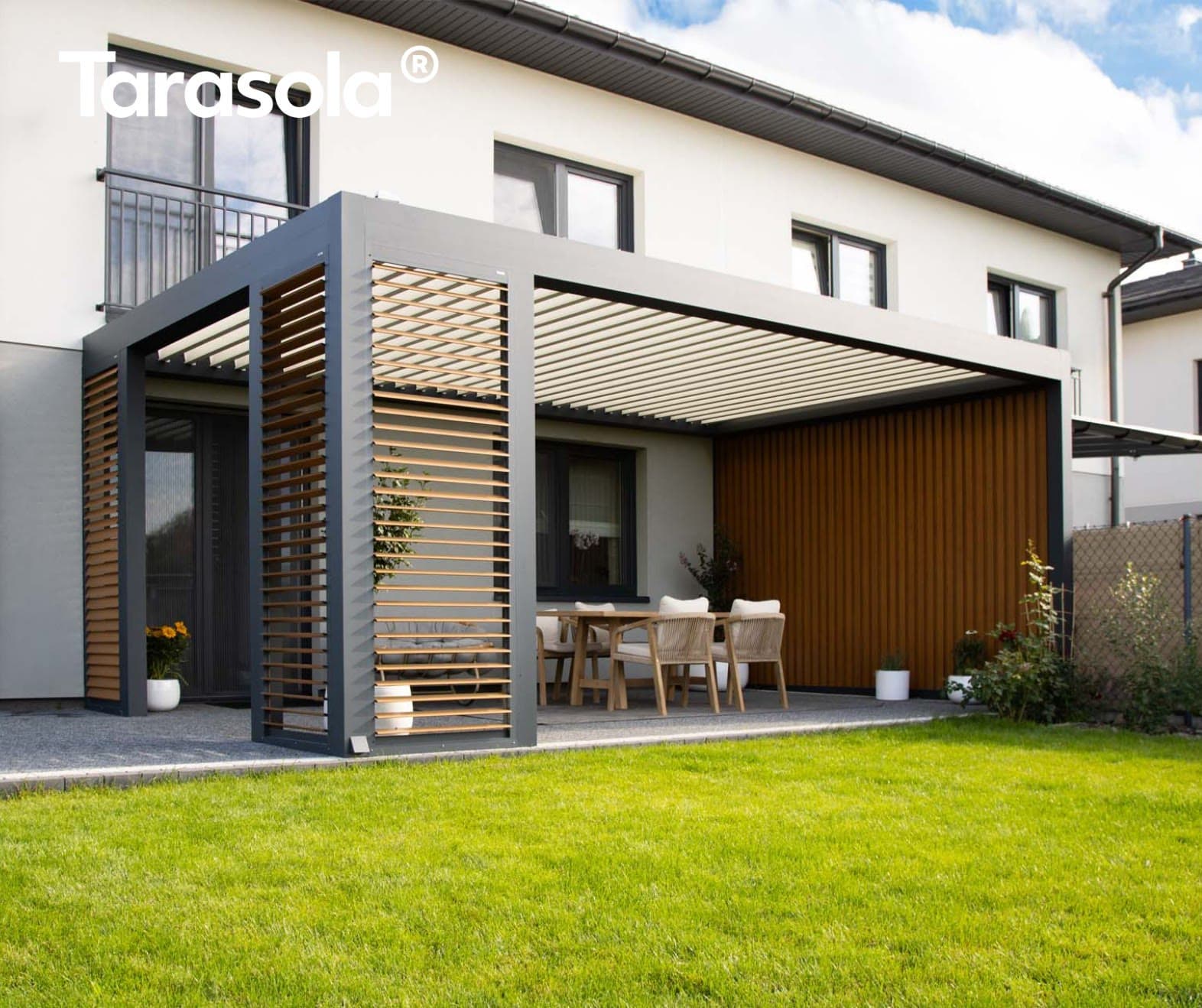 Pergola tkaninowa Tarasola Elegancy — lekka osłona tarasu przed słońcem
