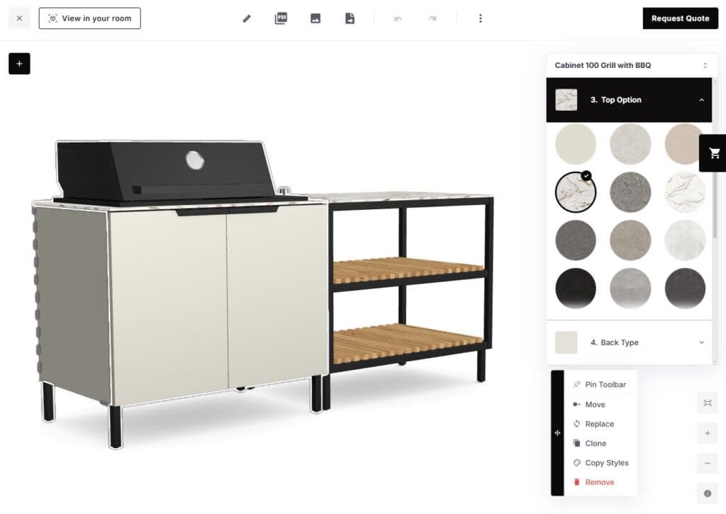 Konfigurator 3D kuchni ogrodowych Q‑boo — dobór modułów, blatów i wykończeń